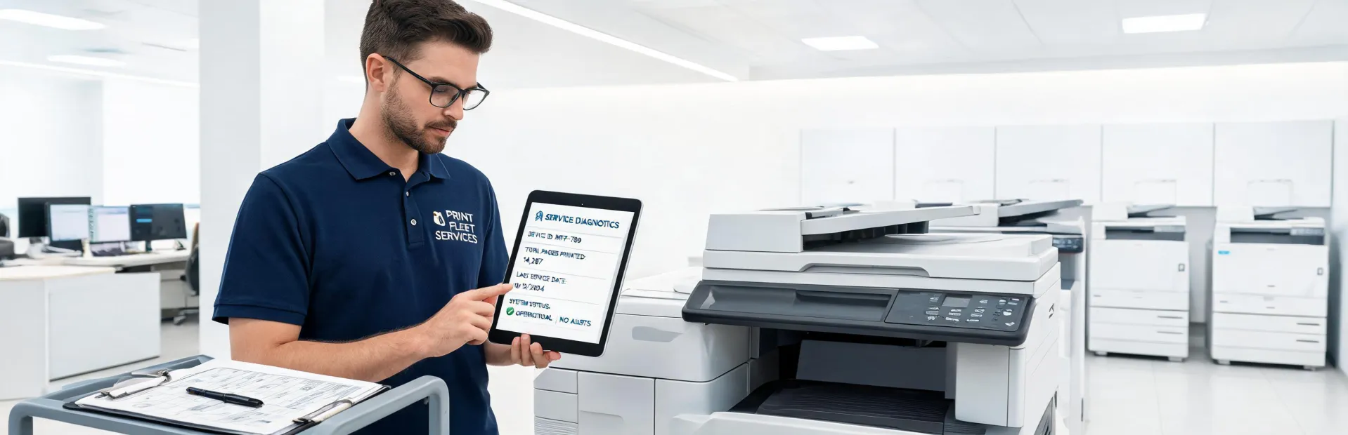 Print fleet specialist reviewing office printer service data